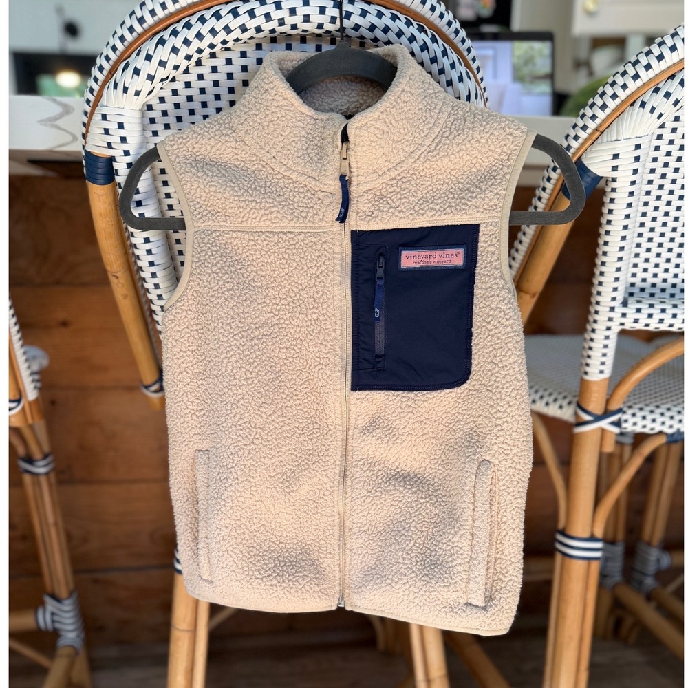 Vineyard Vines Boys Sherpa Fleece Vest Cream Navy Blue Size S 8-10 Full Zip